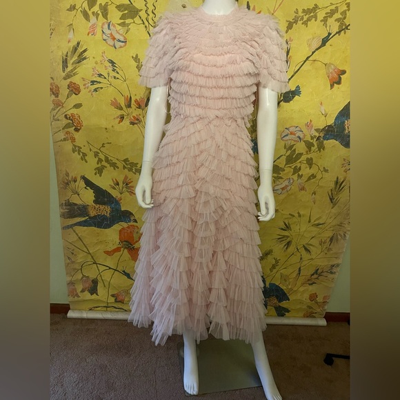 Mac Duggal High-Neck Short-Sleeve Tiered Ruffle A-Line Dress - Picture 5 of 7